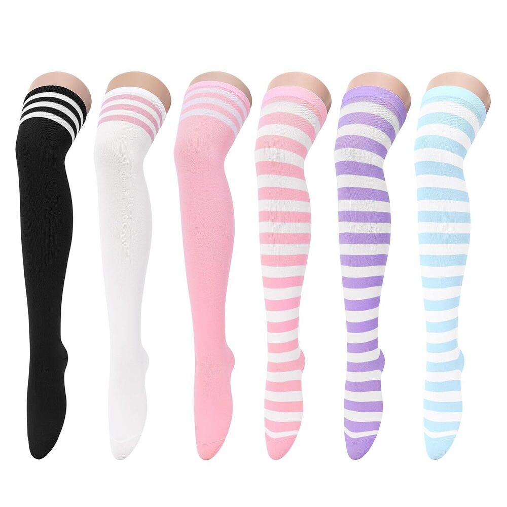 6 Pairs Striped Thigh High Socks for Women Knee High Thigh Highs Cosplay